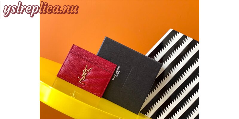 Replica YSL Cassandre MatelassÉ Card Holder Case In Grain De Poudre Embossed Leather Red 2