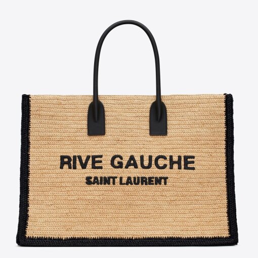 Replica Saint Laurent Rive Gauche Tote Bag in Beige Raffia and Leather 5