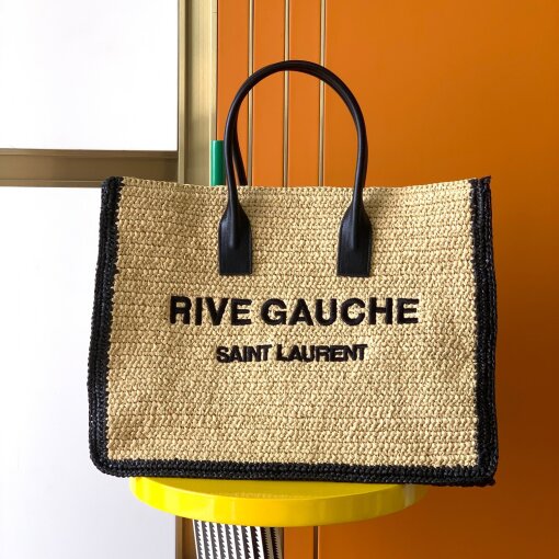 Replica Saint Laurent Rive Gauche Tote Bag in Beige Raffia and Leather 9