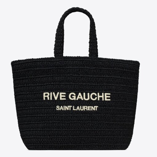 Replica Saint Laurent Rive Gauche Tote Bag in Black Raffia Crochet