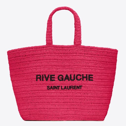 Replica Saint Laurent Rive Gauche Tote Bag in Neon Pink Raffia Crochet