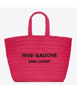 Replica Saint Laurent Rive Gauche Tote Bag in Neon Pink Raffia Crochet 2