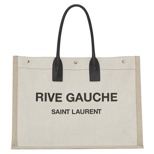 Replica Saint Laurent Rive Gauche Tote Bag in White Linen and Black Leather