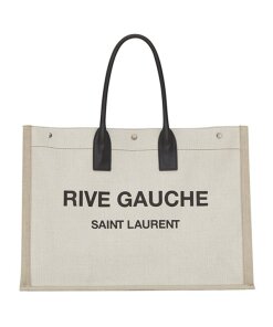 Replica Saint Laurent Rive Gauche Tote Bag in White Linen and Black Leather 2