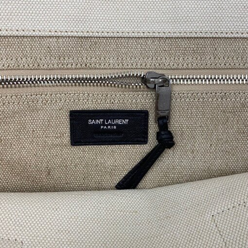 Replica Saint Laurent Rive Gauche Tote Bag in White Linen and Black Leather 3