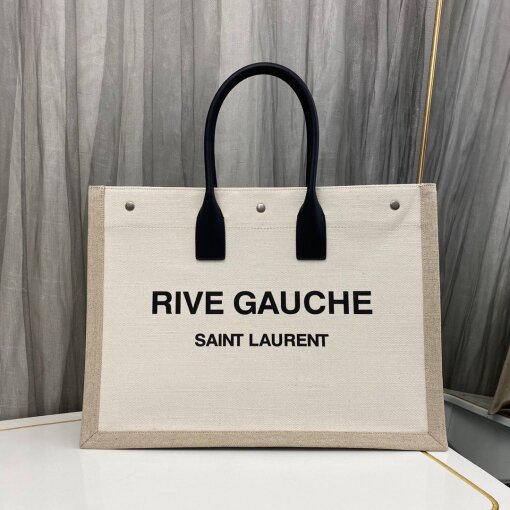 Replica Saint Laurent Rive Gauche Tote Bag in White Linen and Black Leather 4