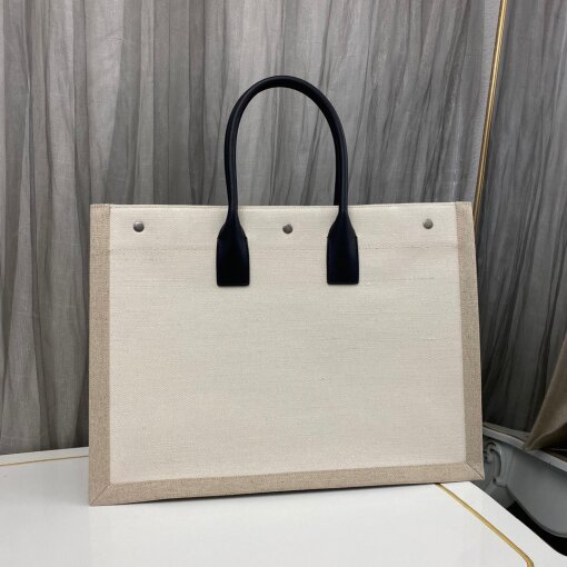 Replica Saint Laurent Rive Gauche Tote Bag in White Linen and Black Leather 5