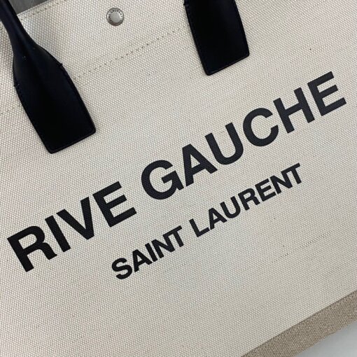 Replica Saint Laurent Rive Gauche Tote Bag in White Linen and Black Leather 7