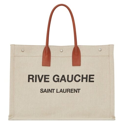 Replica Saint Laurent Rive Gauche Tote Bag in White Linen and Brown Leather